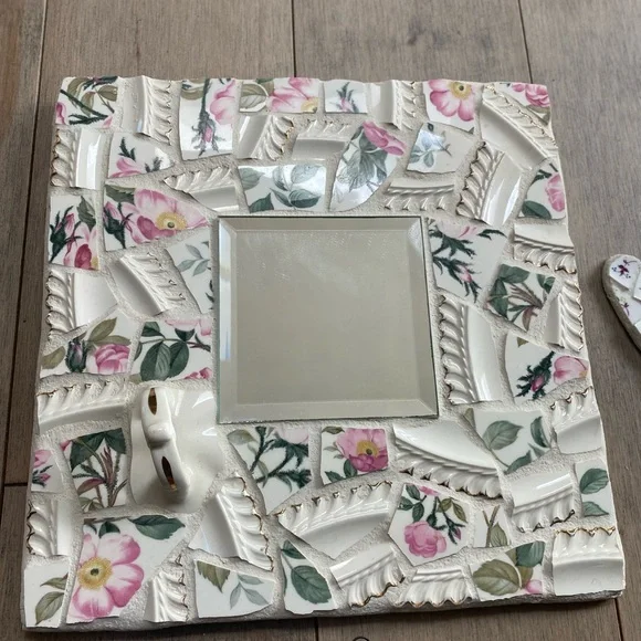Mirror & 3 Heart Key holders Mosaic China wall art Handmade Victorian Cottage